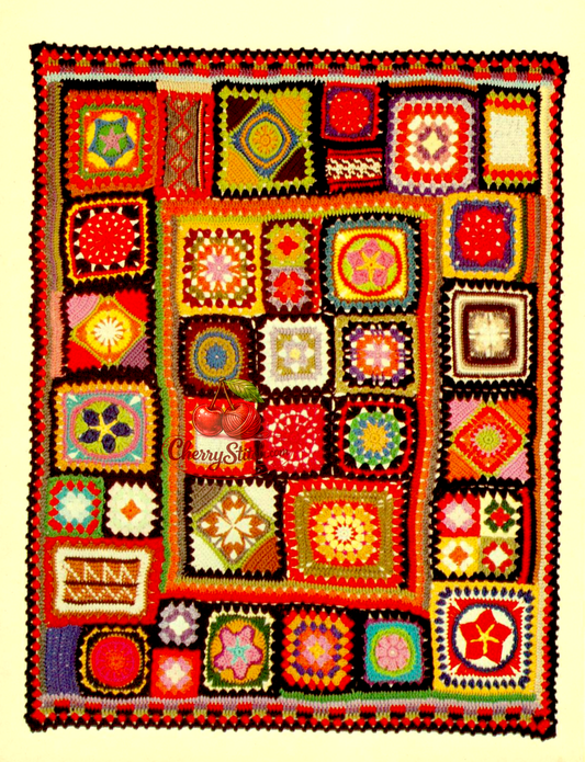Vintage 1970s granny square sampler afghan crochet pattern – 40+ motifs, placement diagram, fully written instructions, Worsted Aran, 46'' x 55''