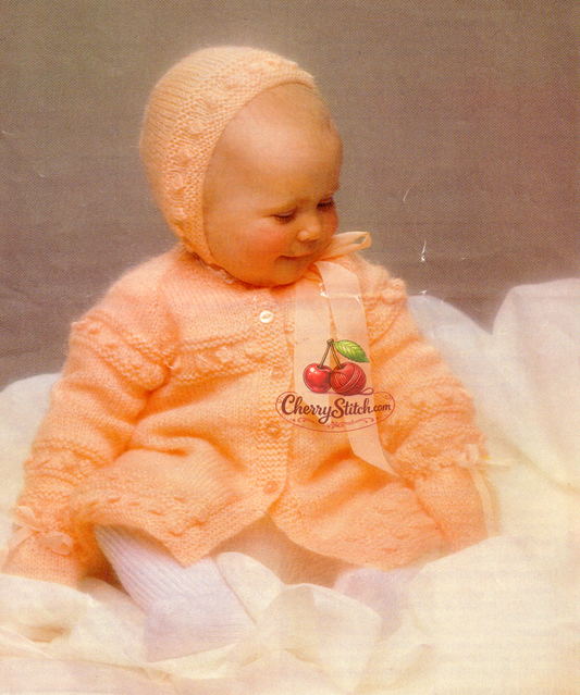Vintage 1970s baby coat cardigan, bonnet and mitts set knitting pattern – bobble and garter stitch panels, raglan sleeves, DK, 2 sizes 18''–20''