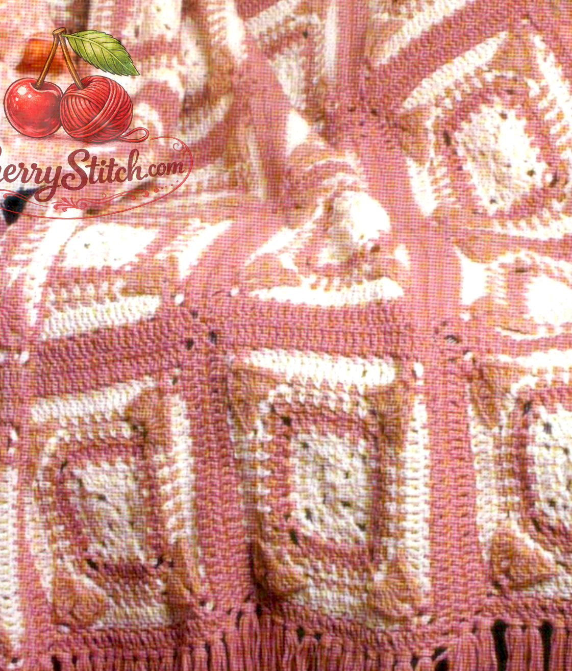 Close-up of granny square motifs in rose, off-white and beige – restored vintage 1980s afghan blanket crochet pattern in Worsted Aran
