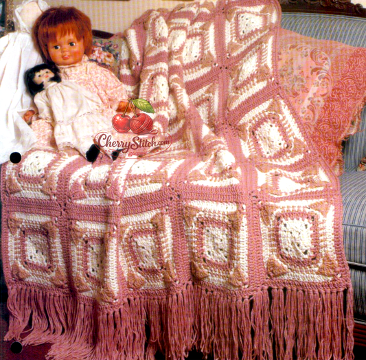 Vintage 1980s granny square afghan blanket crochet pattern – 35 motifs in rose, off-white and beige, fringe ends, Worsted Aran, 47.5'' x 66.5''