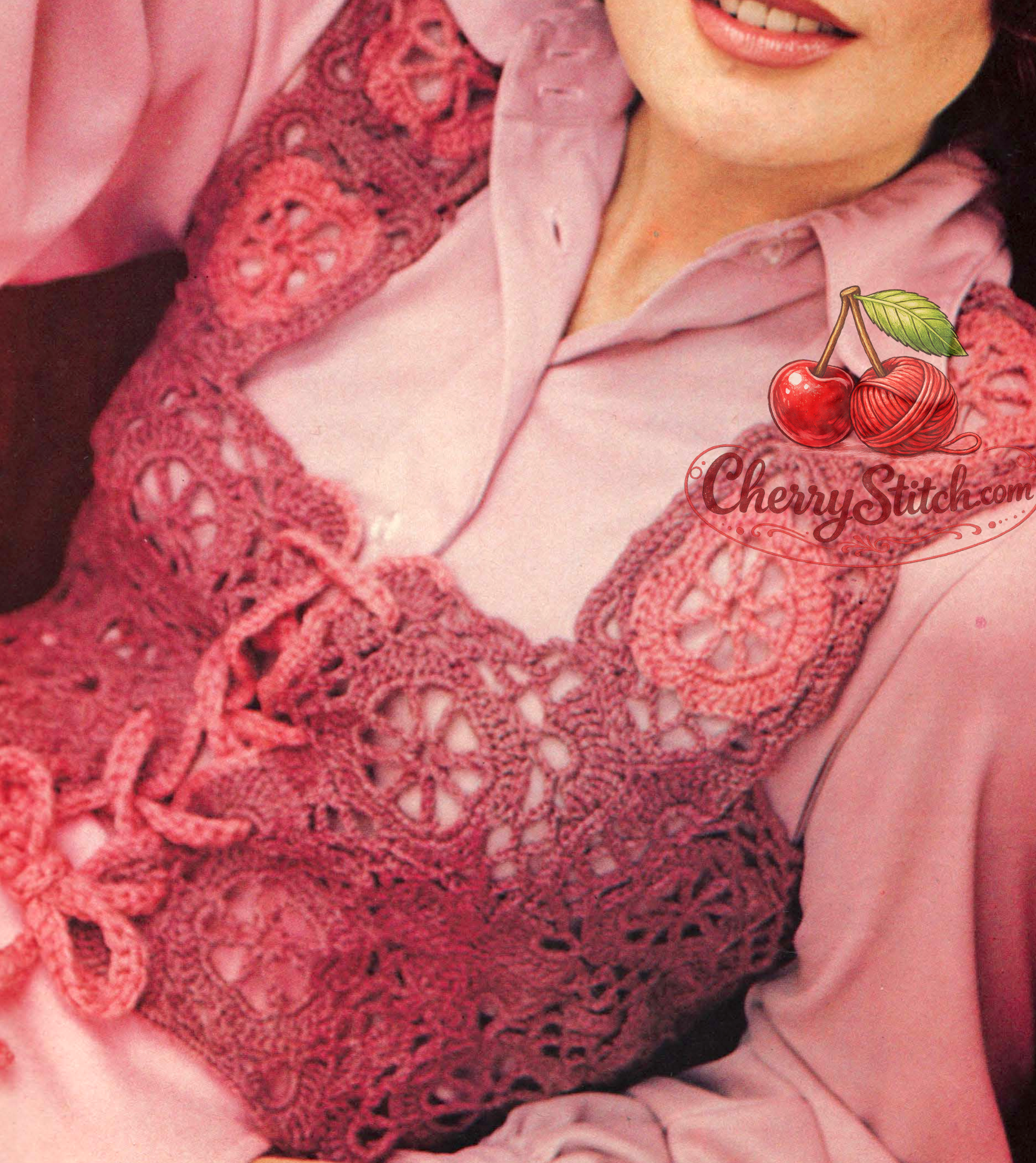 Close-up of decorative lacy square motifs on front panel – restored vintage 1960s women's Victorian crochet vest in Sport weight
