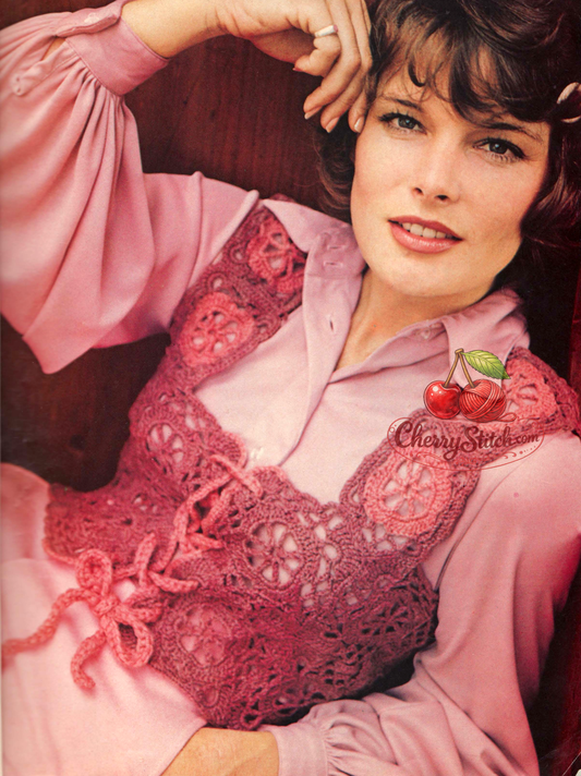 Vintage 1960s women's Victorian lacy motif crochet vest pattern – rose and pink square motifs, tie front, Sport weight, sizes Small and Large