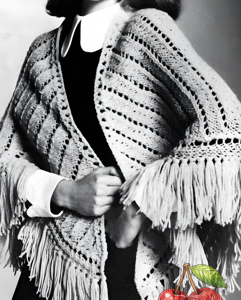 Close-up of vertical lace panel detail and deep fringe – restored vintage 1950s women's triangle shawl knitting pattern in 4-ply
