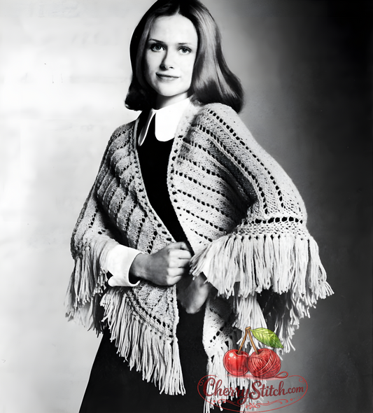 Vintage 1950s women's triangular fringed shawl knitting pattern – vertical lace panels, deep fringe, 4-ply, 56'' across x 28'' centre back