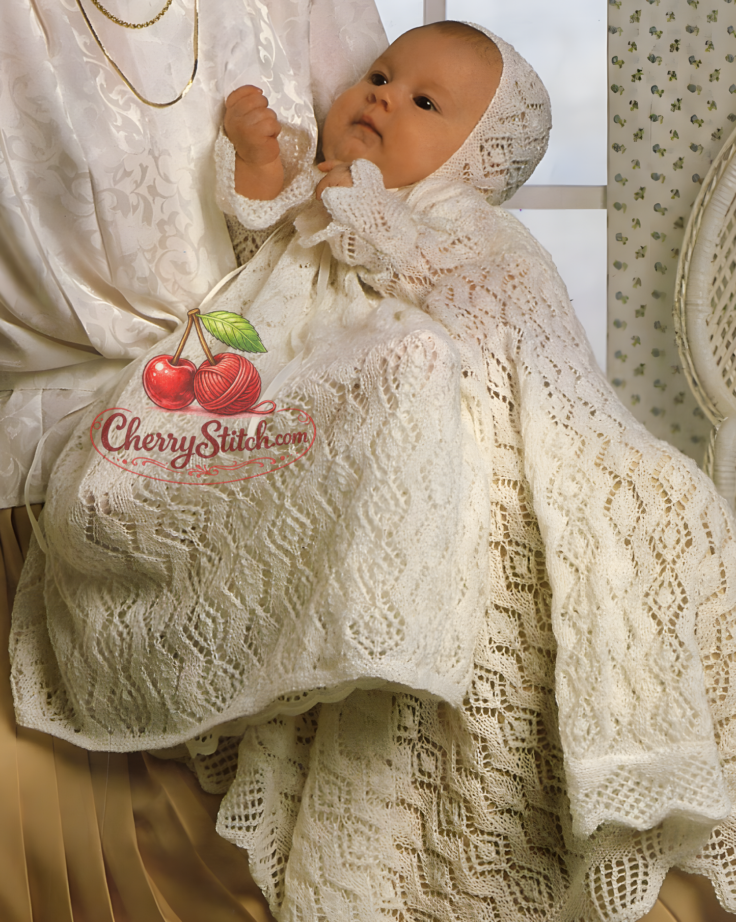 Close-up of vertical diamond lace panels on baby christening dress – restored vintage 1970s heirloom knitting pattern in 2-ply lace weight
