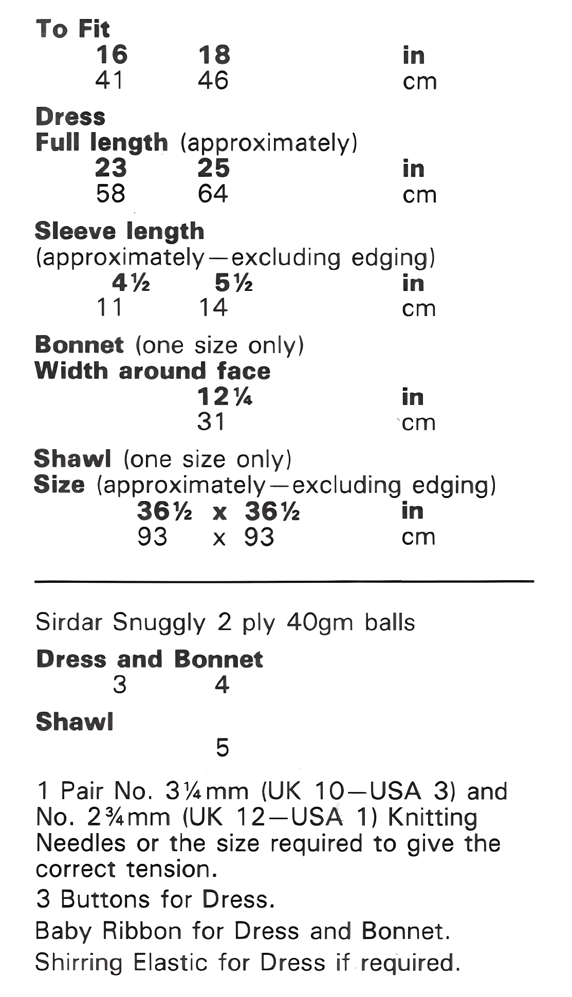 Materials and yarn requirements for vintage 1970s baby christening dress, bonnet and shawl diamond lace knitting pattern in 2-ply