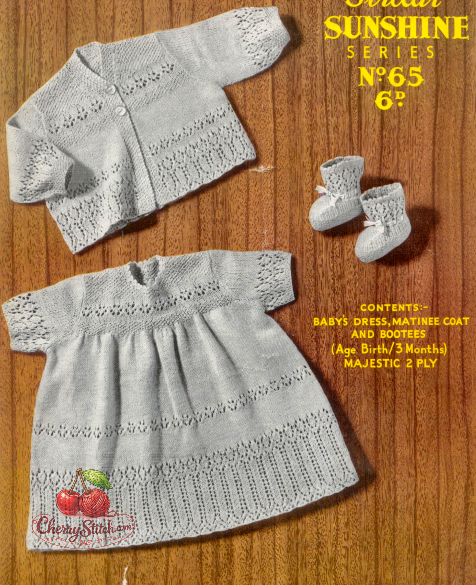 Vintage 1940s baby dress, matinee coat cardigan and booties knitting pattern – intricate lace panel skirt, gathered waist, gossamer 2-ply, 18'' chest