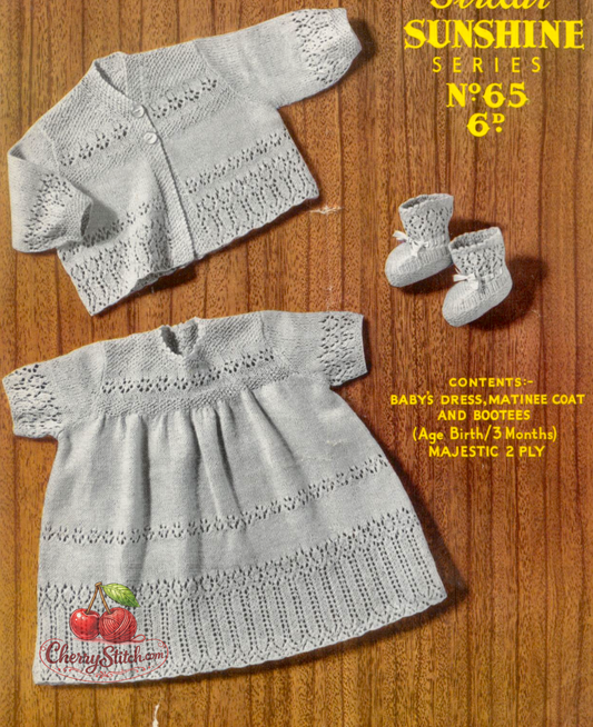 Vintage 1940s baby dress, matinee coat cardigan and booties knitting pattern – intricate lace panel skirt, gathered waist, gossamer 2-ply, 18'' chest