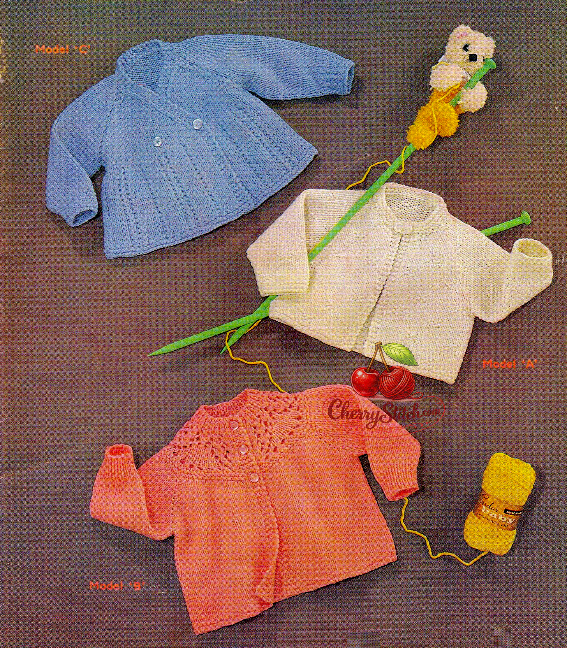 Vintage 1960s baby matinee coat cardigan knitting pattern – 3 designs: blue wrap lace panel, white knit-purl, orange lace yoke, raglan sleeves, DK, 19''