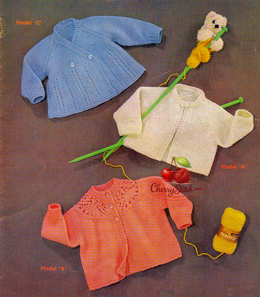 Vintage 1960s baby matinee coat cardigan knitting pattern – 3 designs: blue wrap lace panel, white knit-purl, orange lace yoke, raglan sleeves, DK, 19''