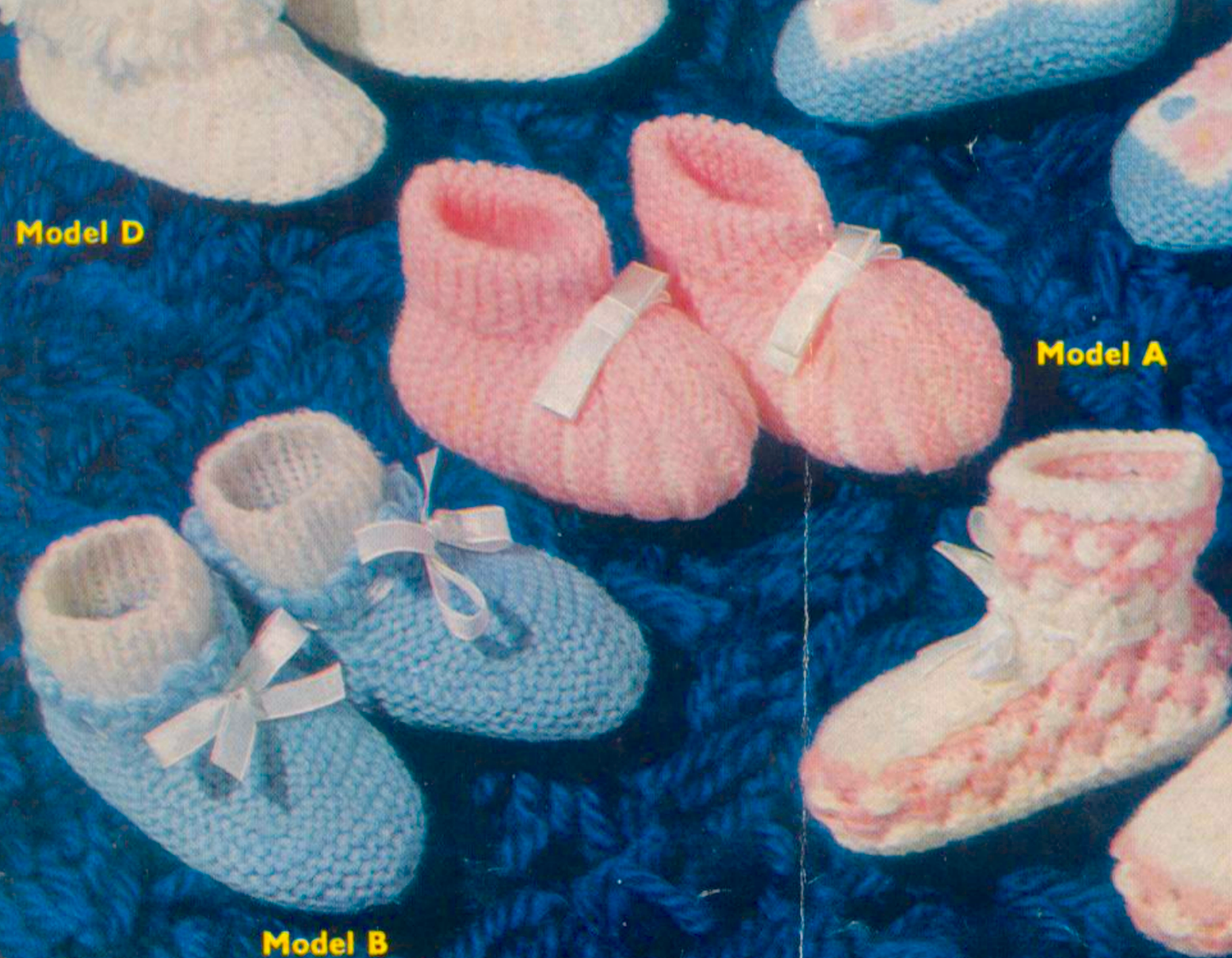 Close-up of 6 baby bootee and knee-high sock designs – restored vintage 1960s knitting pattern in DK and 3-ply, worked on two needles