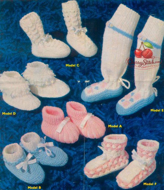 Vintage 1960s baby bootees and knee-high boots socks knitting pattern – 6 designs from short booties to knee-high, DK and 3-ply, two needles, 3.5'' foot