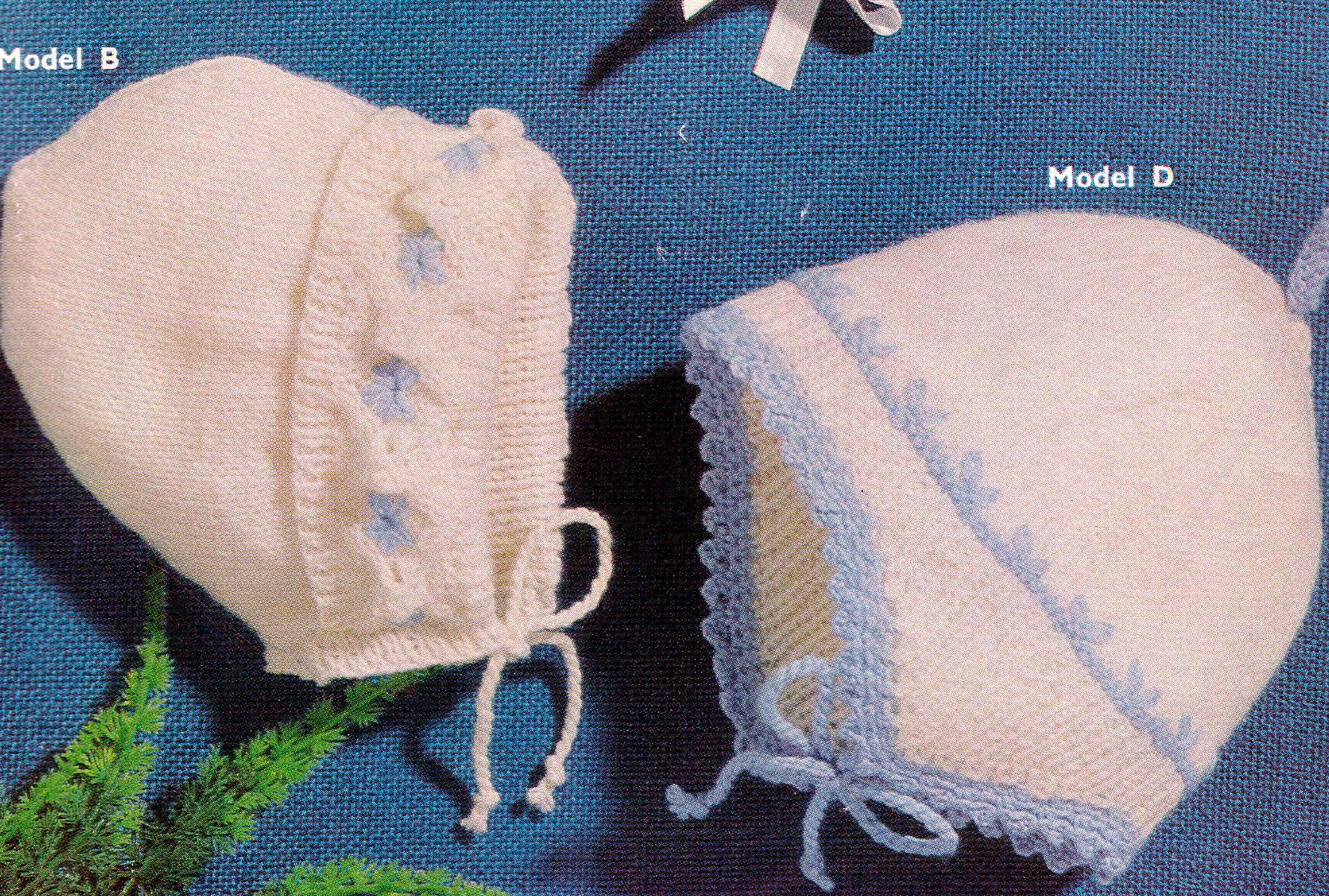 Close-up of lace bonnet and boys helmet designs. Restored vintage 1960s baby hat knitting pattern in 4-ply