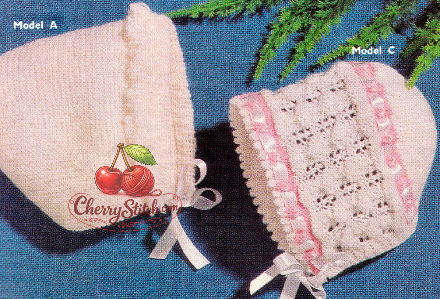 Close-up of stocking stitch, garter stitch and lace stitch baby bonnets. Restored vintage 1960s knitting pattern in 4-ply