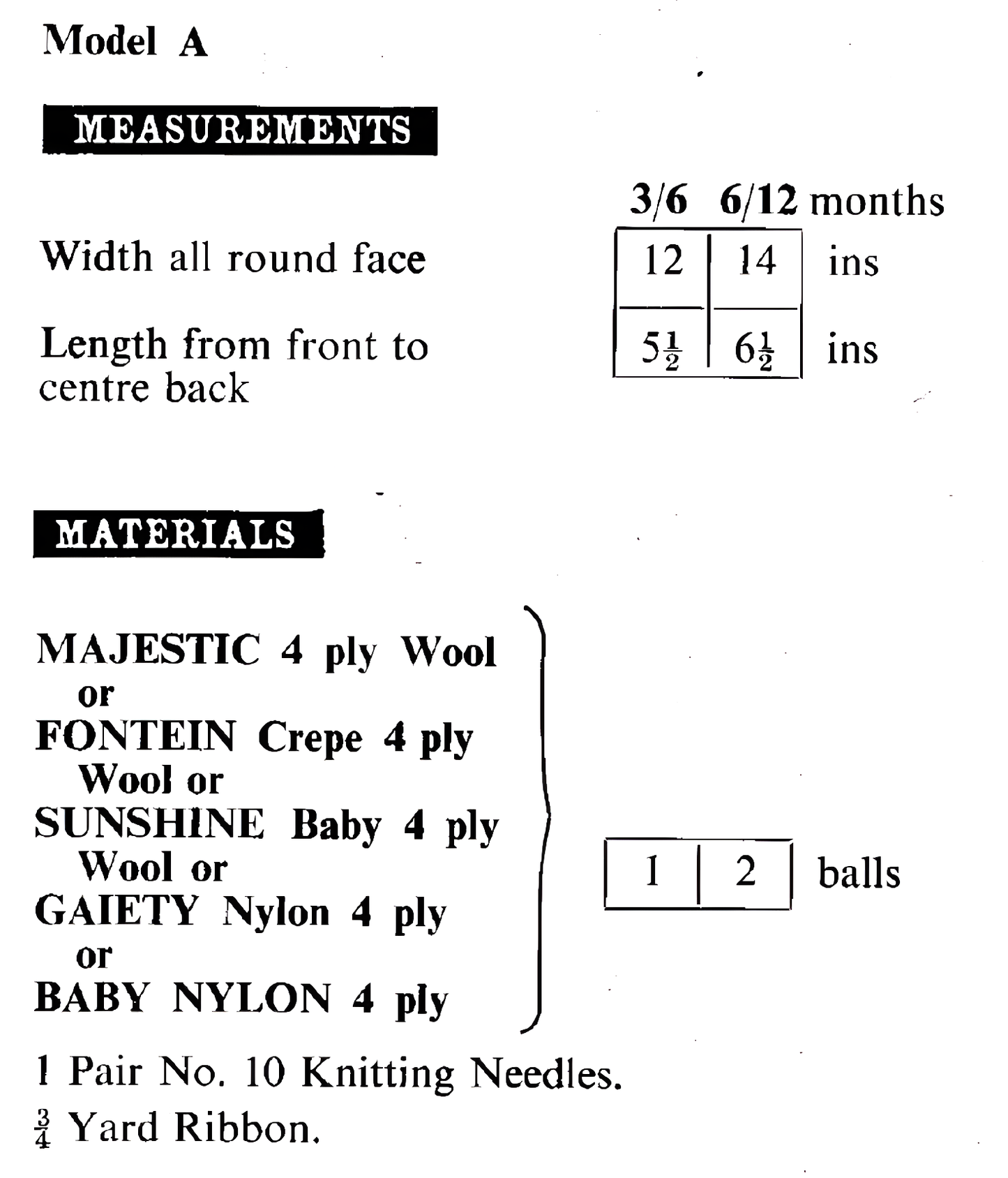 Materials and yarn requirements for vintage 1960s baby bonnets and helmet knitting pattern, 4 designs, 4-ply