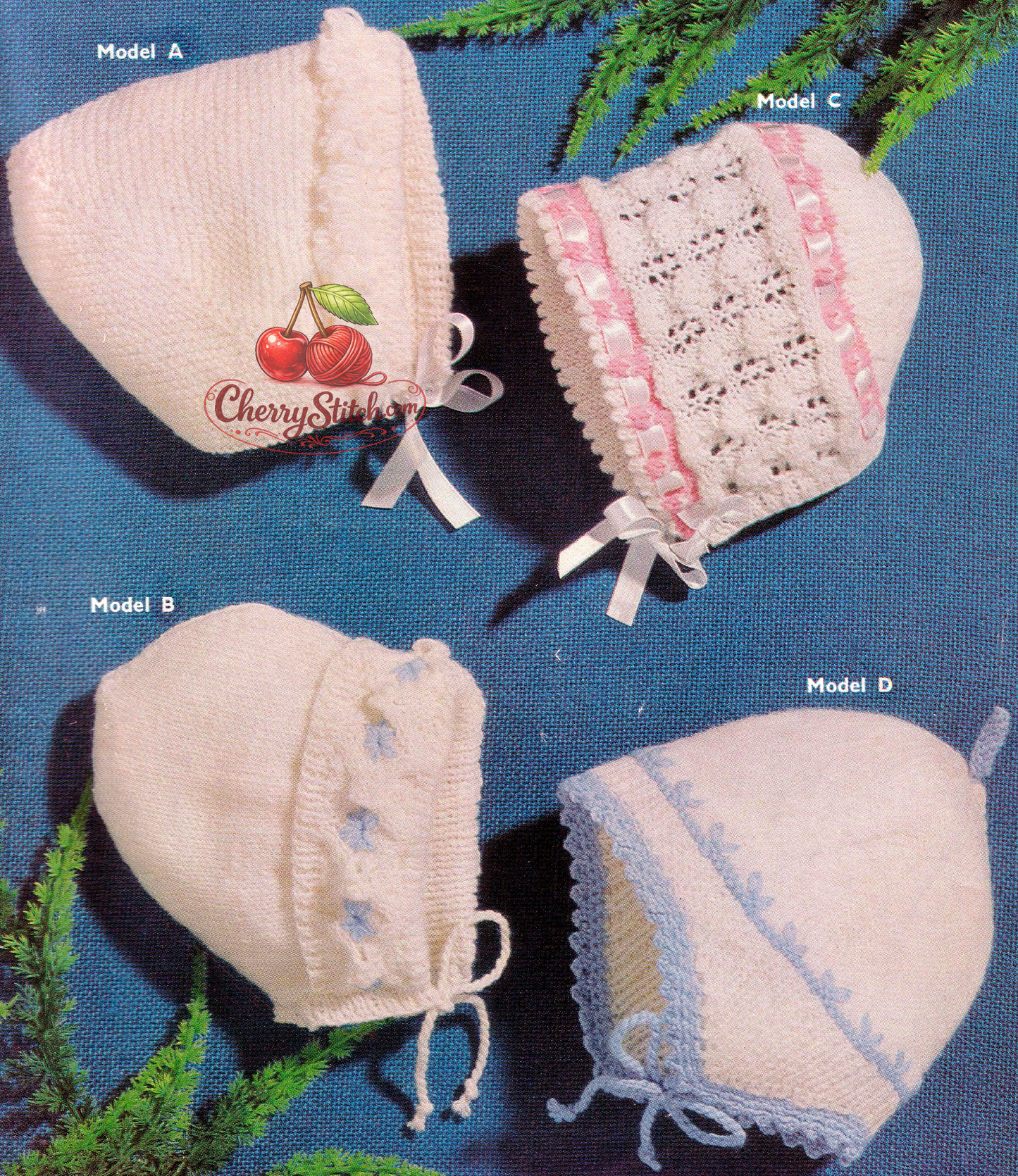 Vintage 1960s baby bonnets and helmet knitting pattern. 4 designs including stocking stitch, garter stitch, lace bonnet and boys helmet, 4-ply, sizes 3/6 and 6/12 months
