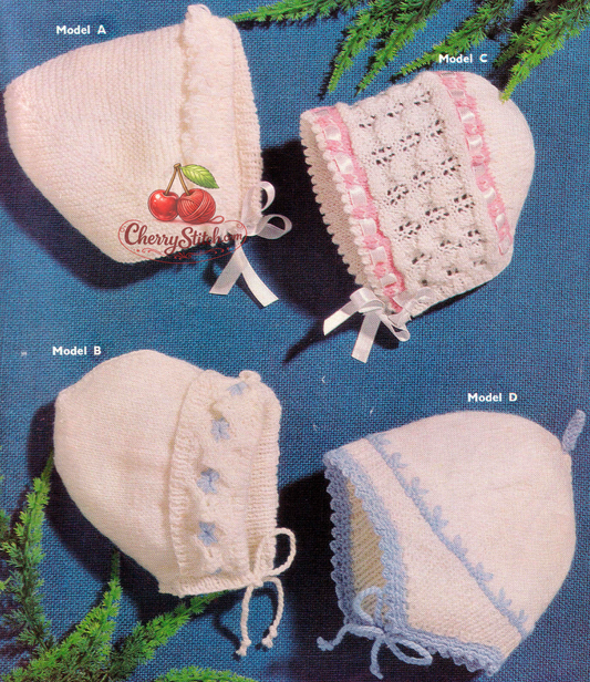 Vintage 1960s baby bonnets and helmet knitting pattern. 4 designs including stocking stitch, garter stitch, lace bonnet and boys helmet, 4-ply, sizes 3/6 and 6/12 months
