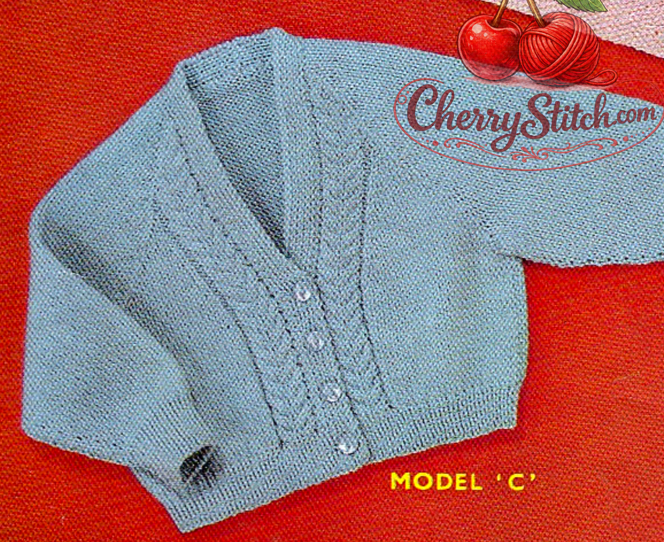 Close-up of mini-cable vertical panels on V-neck button placket. Restored vintage 1950s baby cardigan knitting pattern in 4-ply.