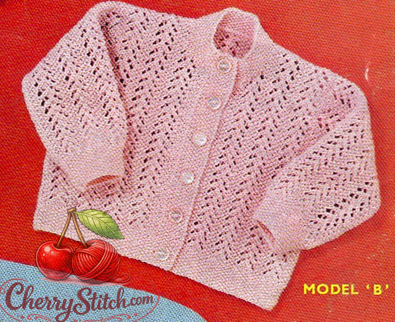 Close-up of all-over eyelet lace stitch pattern. Restored vintage 1950s baby cardigan knitting pattern in 4-ply.