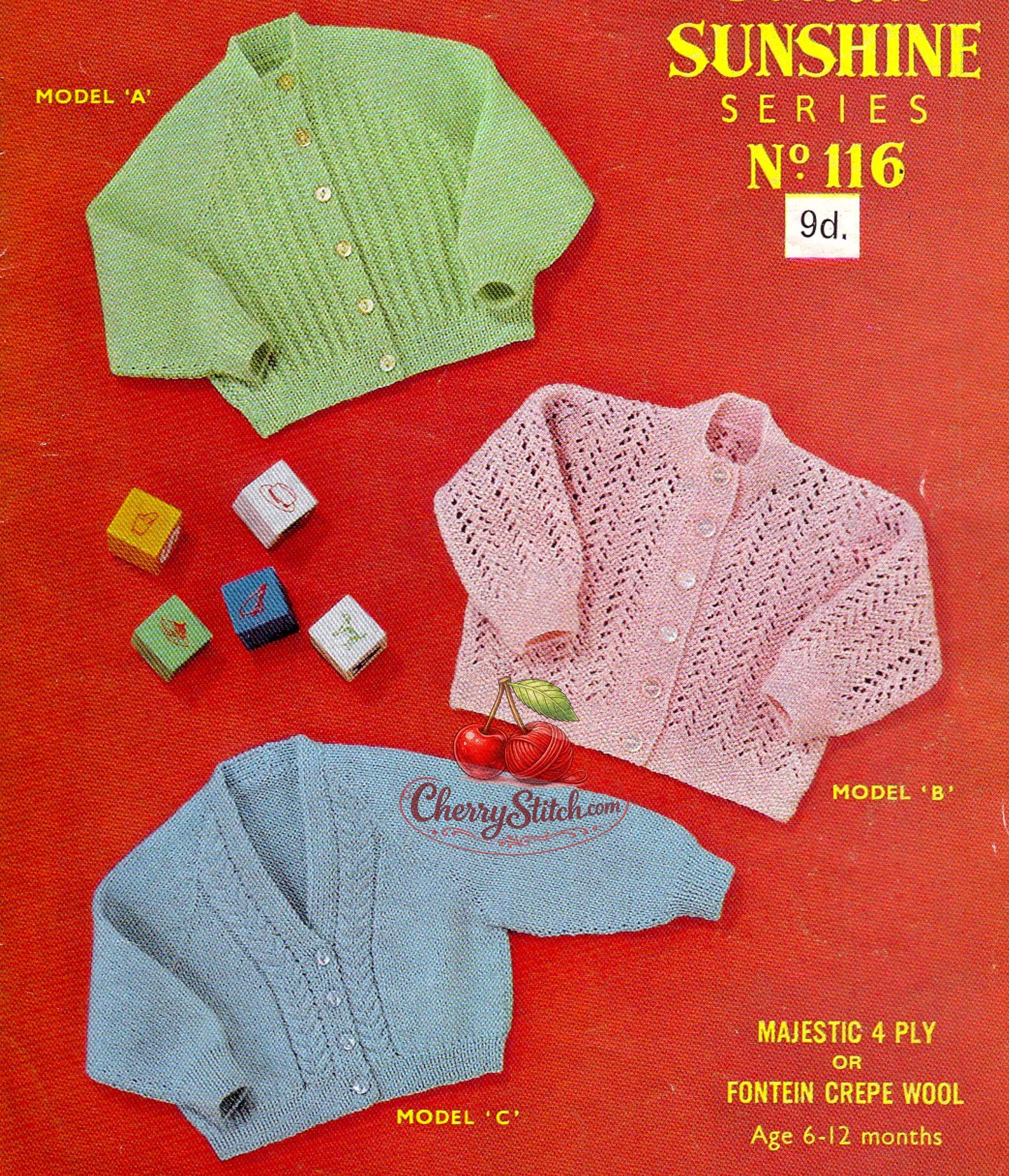 Vintage 1950s baby cardigans knitting pattern. 3 designs including mini-cable V-neck, all-over eyelet lace and textured stitch front, 4-ply, 6/12 months.