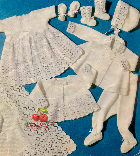 Vintage 1960s baby 8-piece layette knitting pattern. Complete set in moss stitch with lace panels — matinee coat, dress, legginnettes, pram coat, bonnet, bootees, mitts and shawl. 3-ply, 18''–20''.