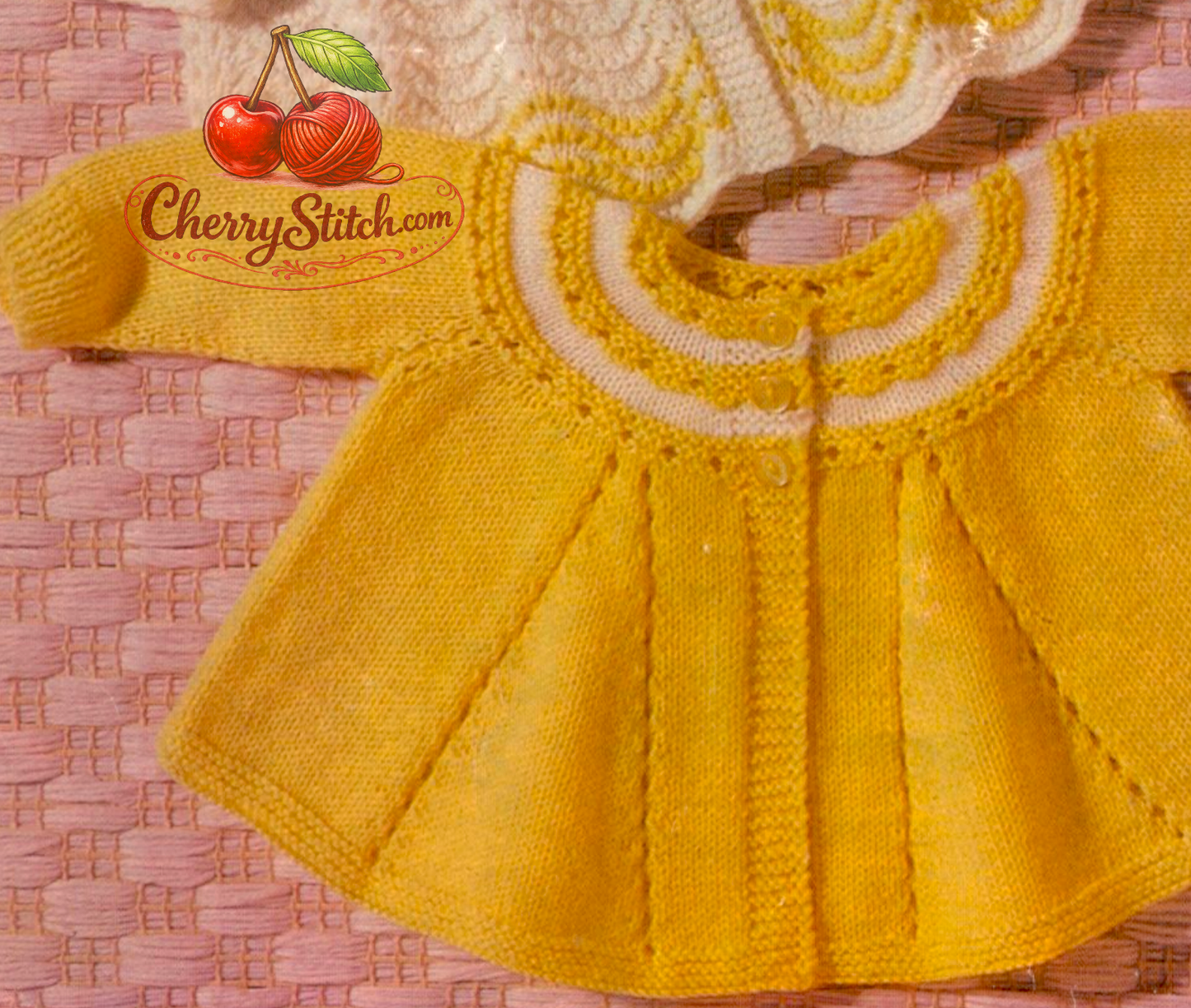 Close-up of baby cardigan with garter stitch and eyelet lace yoke and flared stocking stitch skirt. Restored vintage 1960s knitting pattern in 3-ply.