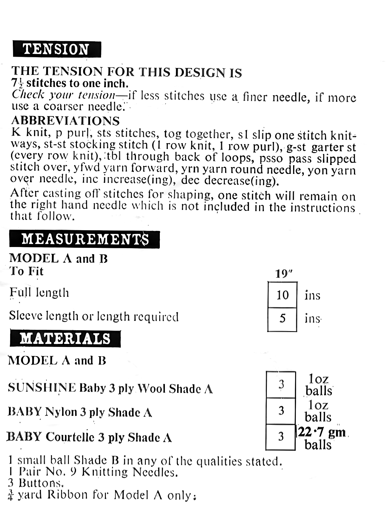 Materials, yarn requirements and measurements for vintage 1960s baby matinee coat cardigan knitting pattern, 2 designs, 3-ply, 19''.