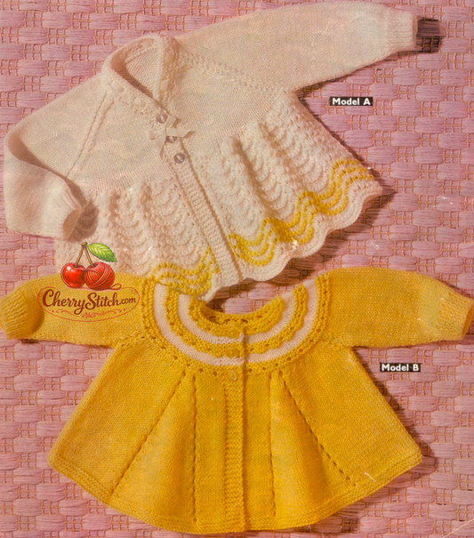 Vintage 1960s baby matinee coat cardigan knitting pattern. 2 designs — raglan lace flared skirt with scalloped hem and garter yoke eyelet lace with stocking stitch skirt. 3-ply, 19'', birth/3 months.
