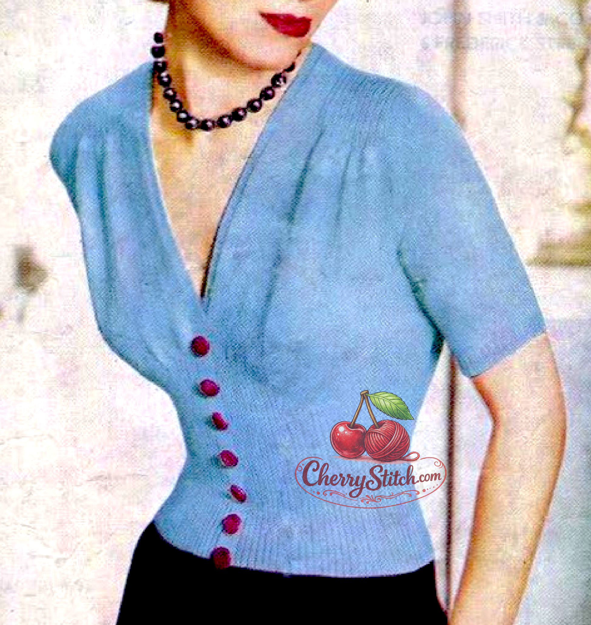 Close-up of deep V-neckline extending to the waist ribbing. Restored vintage 1950s women's jumper knitting pattern in 2-ply — hourglass silhouette.