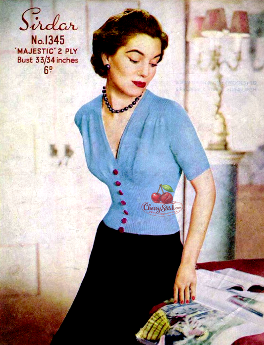 Vintage 1950s women's short-sleeved jumper knitting pattern. Deep V-neck, dramatic waist ribbing, hourglass silhouette, set-in sleeves, 2-ply, 33''–34'' bust.