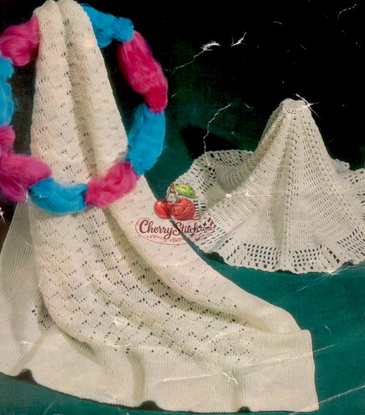 Vintage 1960s baby shawl knitting and crochet pattern. Knitted square shawl in diamond lace with garter stitch borders (44'') and crocheted circular shawl with lacy border (44'' diameter). DK, easy.