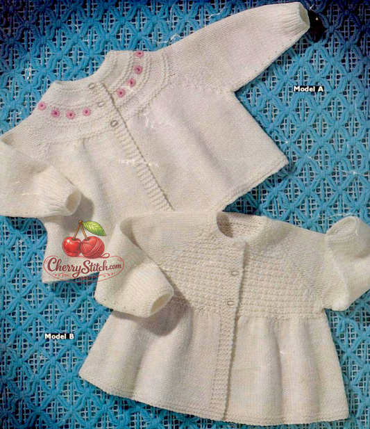 Vintage 1960s baby matinee coat cardigan knitting pattern. 2 designs — raglan sleeves with patterned front chest and yoke in plain stocking stitch. DK, 20'' chest, 3/6 months.
