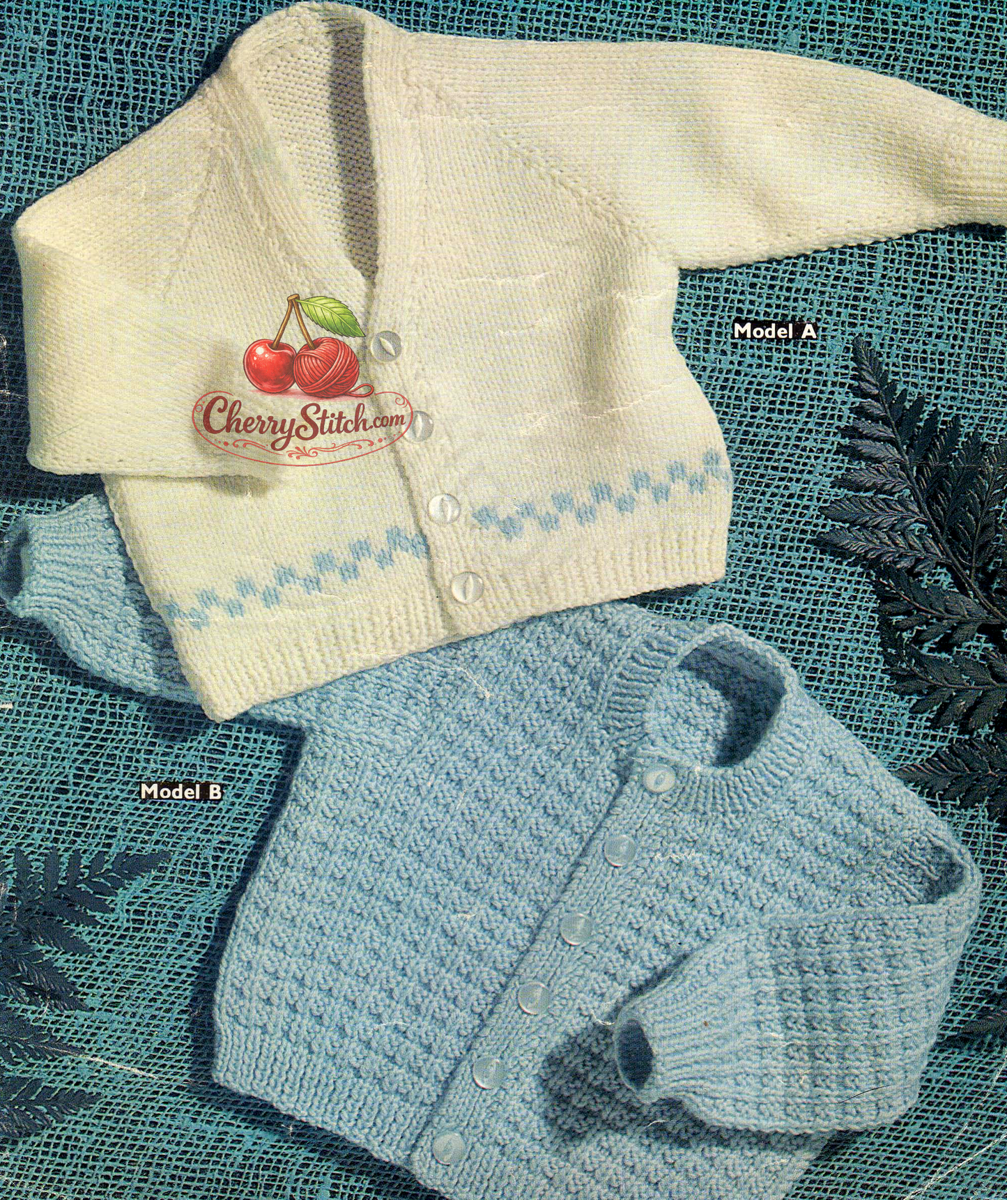 Vintage 1970s baby boy cardigans knitting pattern. 2 designs — round neck with all-over stitch pattern and V-neck stocking stitch with horizontal intarsia panel. DK, 20'' chest, 6/12 months.