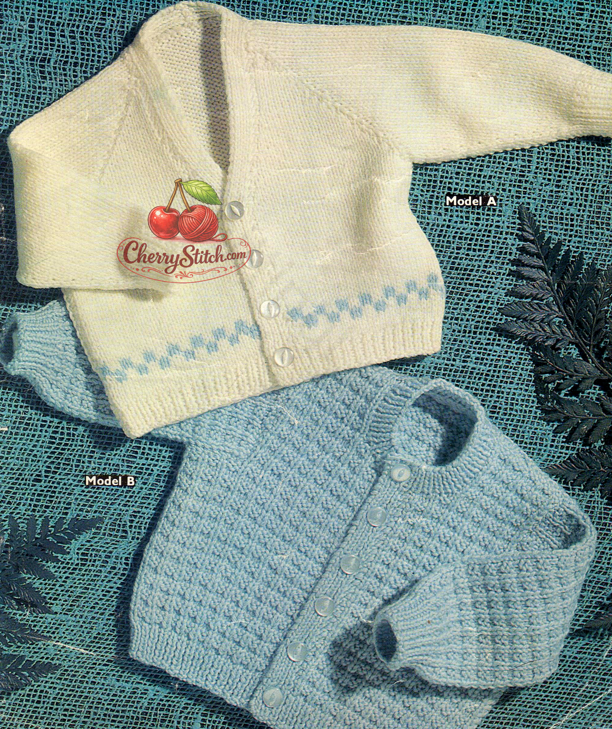 Vintage 1970s baby boy cardigans knitting pattern. 2 designs — round neck with all-over stitch pattern and V-neck stocking stitch with horizontal intarsia panel. DK, 20'' chest, 6/12 months.
