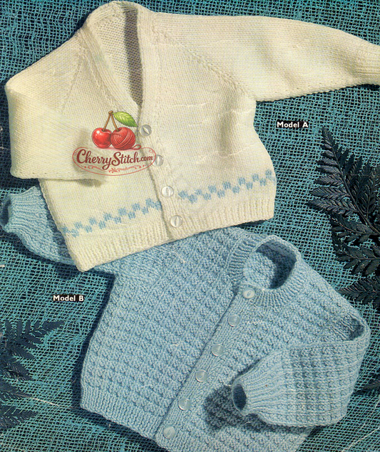 Vintage 1970s baby boy cardigans knitting pattern. 2 designs — round neck with all-over stitch pattern and V-neck stocking stitch with horizontal intarsia panel. DK, 20'' chest, 6/12 months.