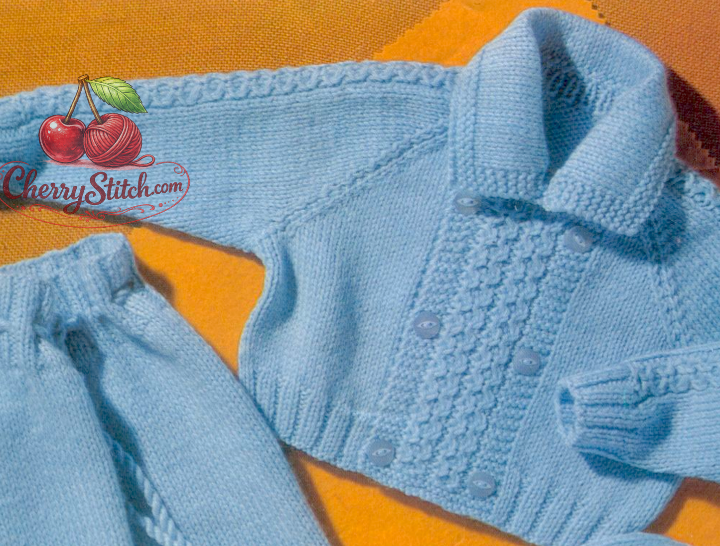 Close-up of baby double-breasted jacket with collar, raglan sleeves and vertical small cable panels. Restored vintage 1970s knitting pattern in DK.
