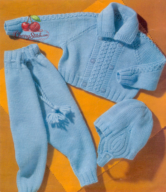 Vintage 1970s baby jacket legginettes and helmet knitting pattern. 3-piece set — double-breasted jacket with collar, raglan sleeves and vertical cable panels, legginettes and helmet. DK, 21'' chest, 9/12 months.