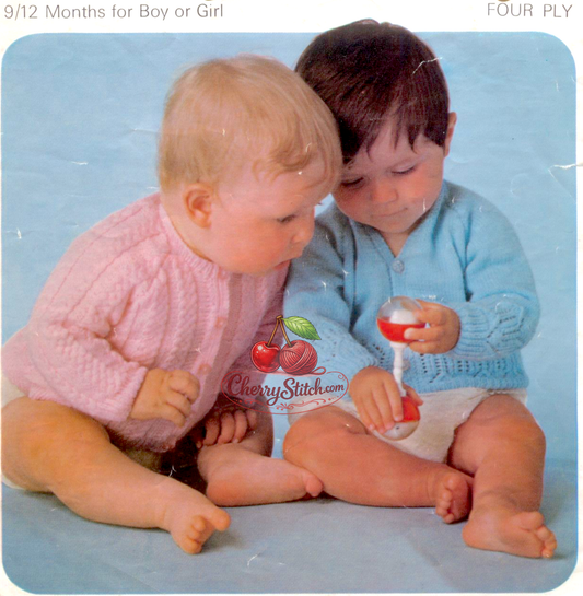 Vintage 1970s baby cardigans knitting pattern. 2 raglan designs — round neck with cable stitch pattern and V-neck with lace stitch pattern. 4-ply, 21'' chest, 9/12 months.