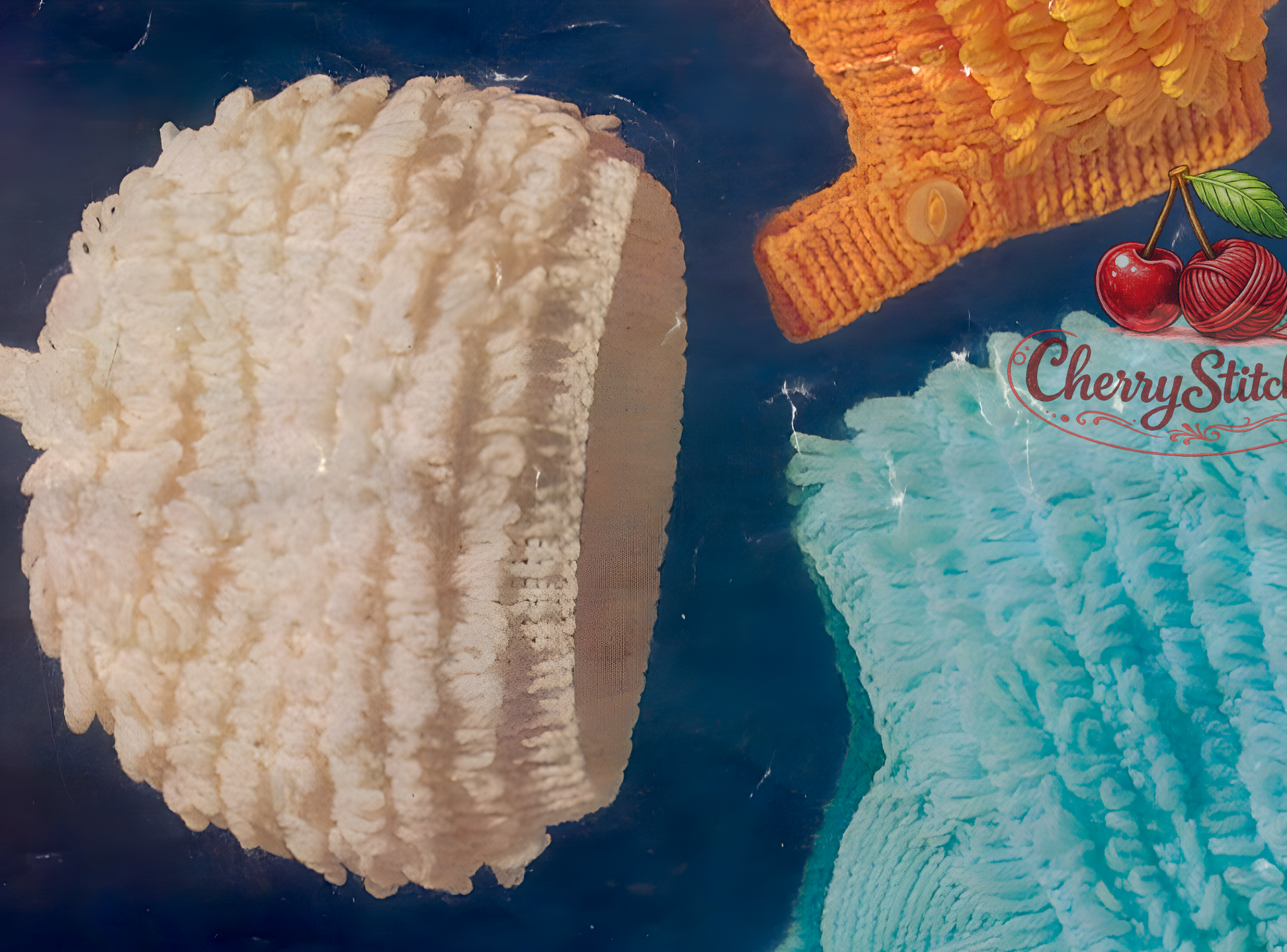 Close-up of loopy stitch texture from vintage 1970s baby girl headwear knitting pattern. 4-ply, worked flat on two needles.
