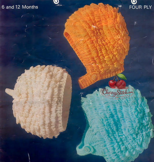 Vintage 1970s baby girl headwear knitting pattern. 3 designs — frilled bonnet, pixie-style chin-strapped helmet and flat everyday cap, all with loopy stitch detail. 4-ply, 6 and 12 months.