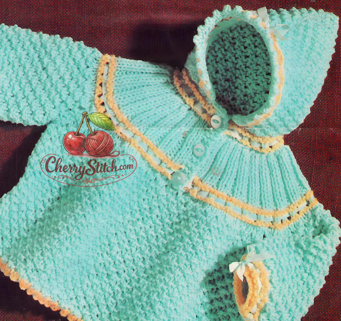 Close-up of baby hooded jumper with thick bobbled texture, structured yoke and pointed pixie hood. Restored vintage 1960s knitting pattern in DK — front and back worked alike.