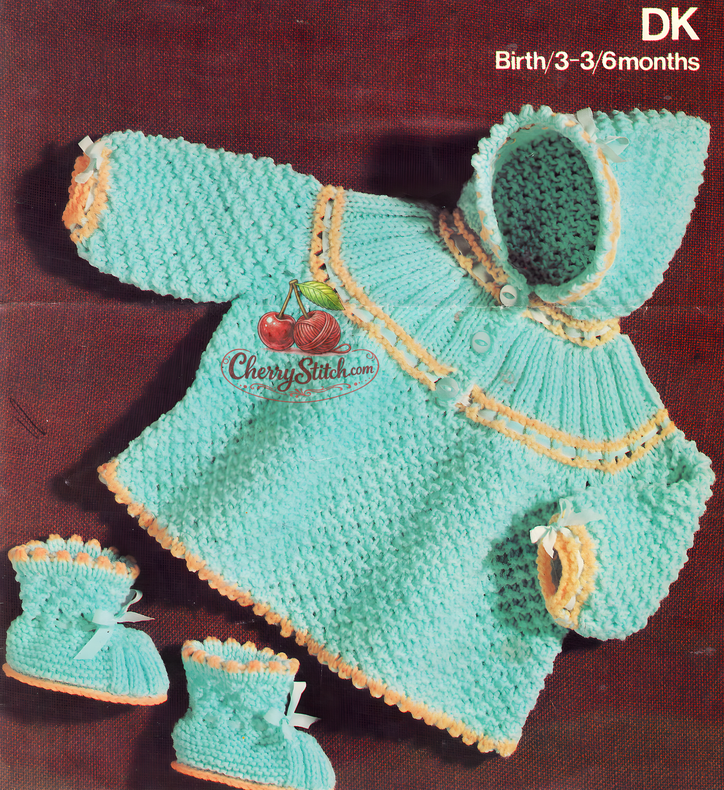 Vintage 1960s baby hooded coat and bootees set knitting pattern. Highly textured bobble fabric with structured yoke and pointed pixie hood. DK, 18''–19'' chest, Birth–3 months and 6 months.