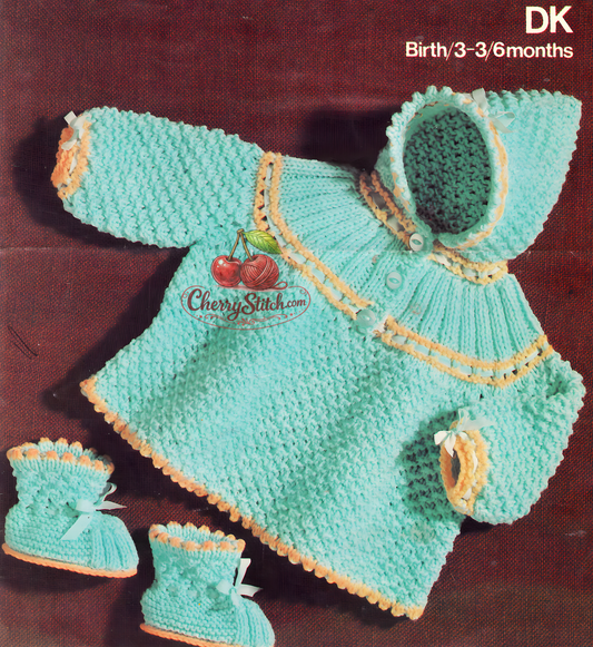 Vintage 1960s baby hooded coat and bootees set knitting pattern. Highly textured bobble fabric with structured yoke and pointed pixie hood. DK, 18''–19'' chest, Birth–3 months and 6 months.