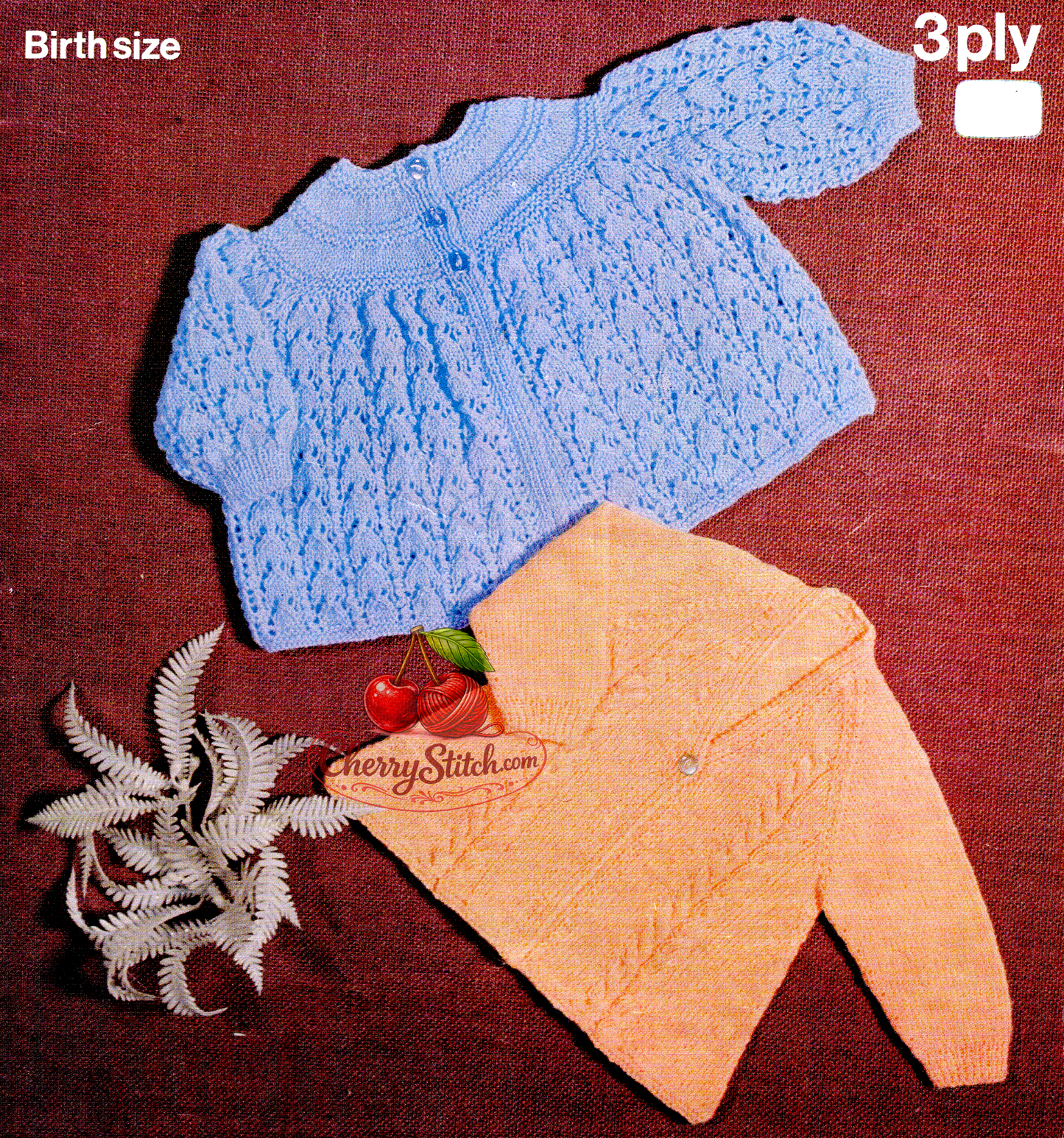 Vintage 1960s baby matinee coat cardigan knitting pattern. 2 designs — blue coat with yoke and delicate lace skirt, and apricot coat with raglan sleeves and vertical cable panels. 3-ply, 16'', newborn.