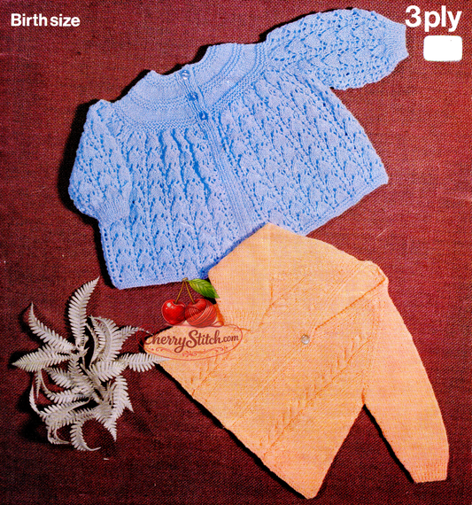 Vintage 1960s baby matinee coat cardigan knitting pattern. 2 designs — blue coat with yoke and delicate lace skirt, and apricot coat with raglan sleeves and vertical cable panels. 3-ply, 16'', newborn.