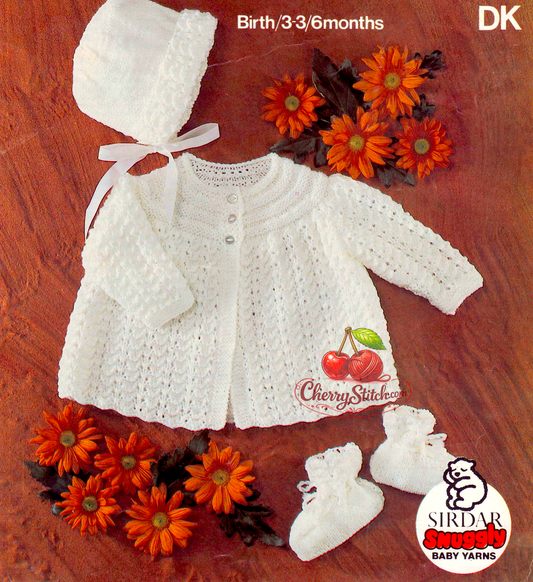 Vintage 1970s baby matinee coat, bonnet and bootees knitting pattern. Iconic Sirdar trio set — coat with flowing openwork lace skirt and garter ridge yoke with 3 buttons, matching bonnet and bootees. DK, 18''–19'', 0/3 and 3/6 months.