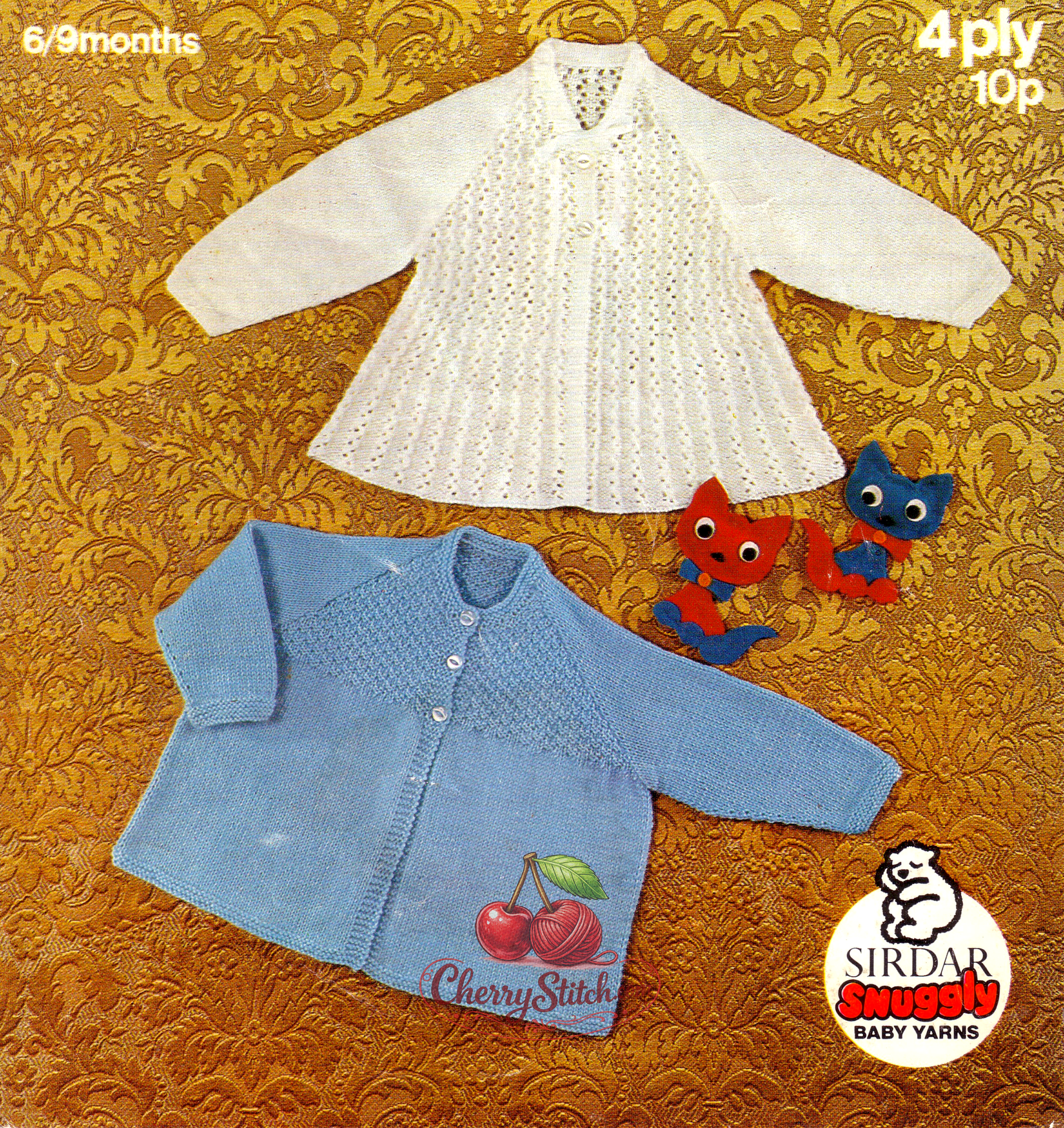 Vintage 1960s baby matinee coat cardigan knitting pattern. 2 raglan designs — white coat in all-over lace stitch, and blue coat with textured front chest and stocking stitch body. 4-ply, 20'', 6/9 months.