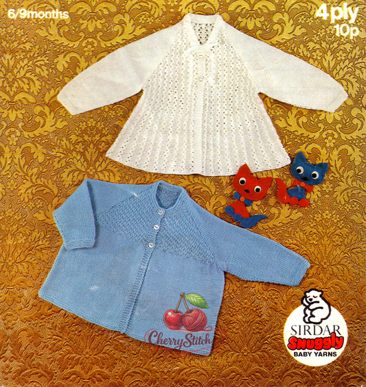 Vintage 1960s baby matinee coat cardigan knitting pattern. 2 raglan designs — white coat in all-over lace stitch, and blue coat with textured front chest and stocking stitch body. 4-ply, 20'', 6/9 months.