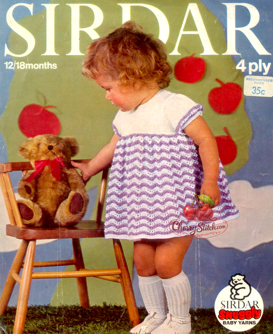 Vintage 1960s baby toddler girl's dress knitting pattern. Flared A-line silhouette with all-over Old Shale zig-zag lace skirt, smooth stocking stitch bodice and short sleeves. 4-ply, 22'', 12/18 months.