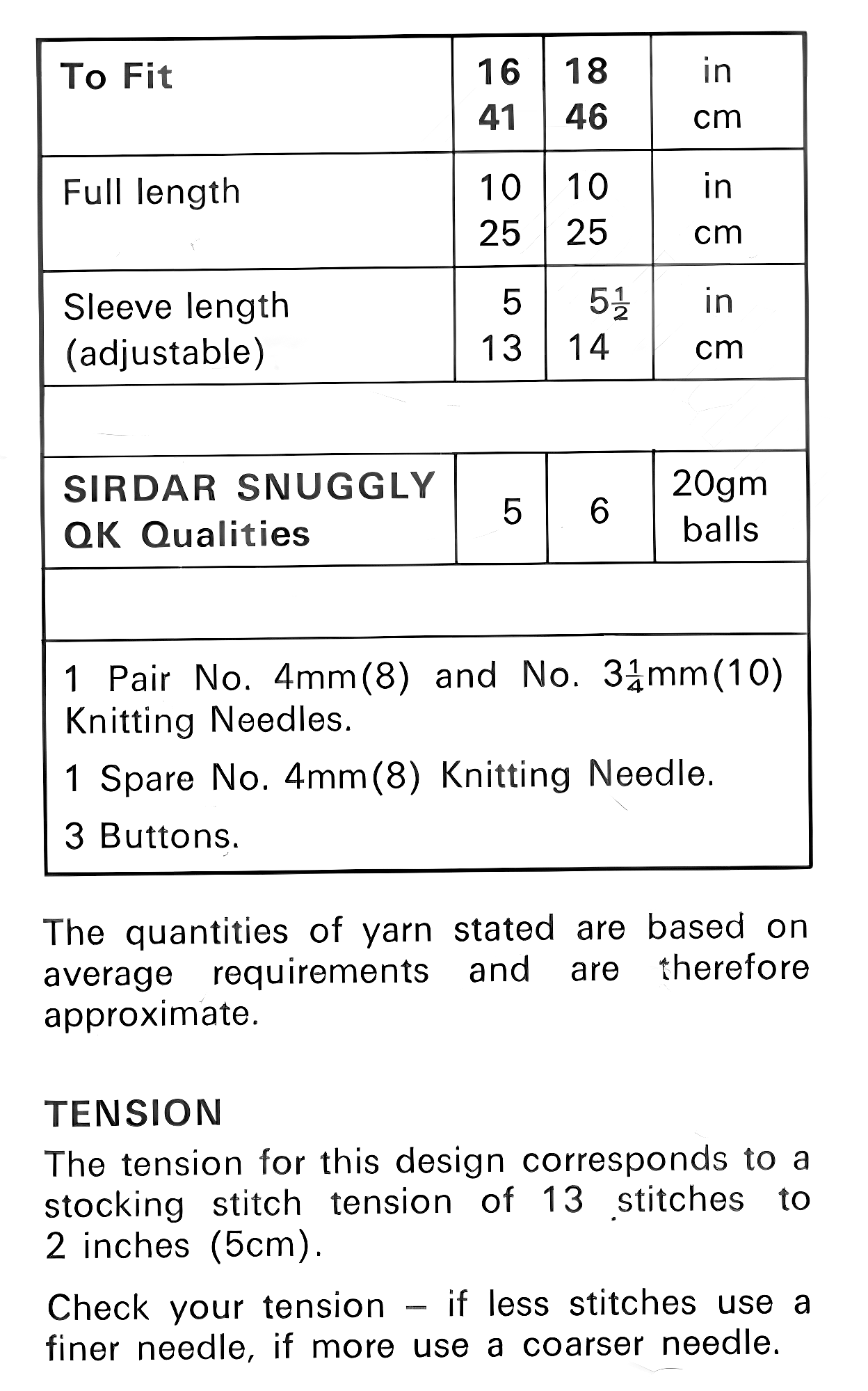Materials, yarn requirements and measurements for vintage 1970s baby hooded angel top knitting pattern, flared hem, DK, 16''–18''.